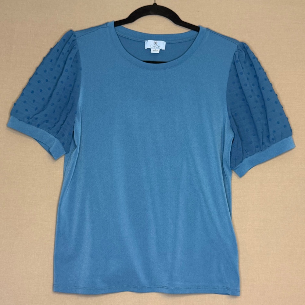 CeCe Womens Swiss Dot Puff Sleeve Knit Top Teal Blue‎ Crew Neck Blouse Medium